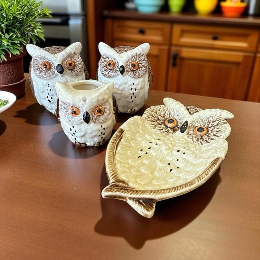VTG Enesco Japan Ceramic Owl Kitchen Counter Set Napkin Spoon Rest Shakers